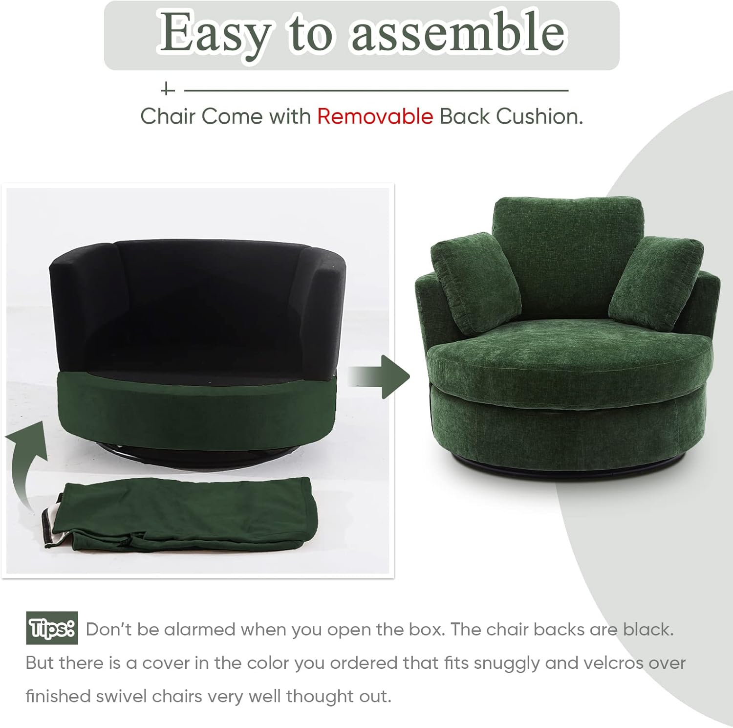 Boucle Swivel Barrel Chair with 3 Pillows, Green Chenille D465544