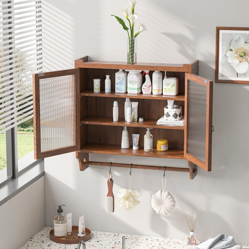 Wood Wall Cabinet with Glass Doors and Detachable Shelves B7751
