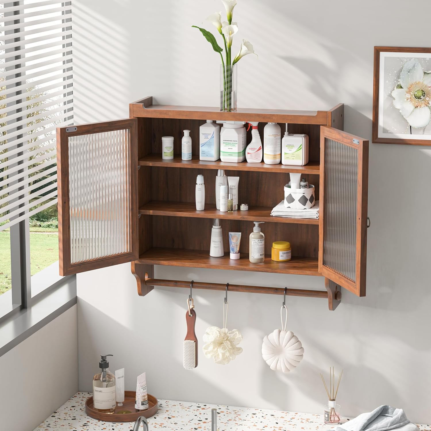 Wood Wall Cabinet with Glass Doors and Detachable Shelves B7751
