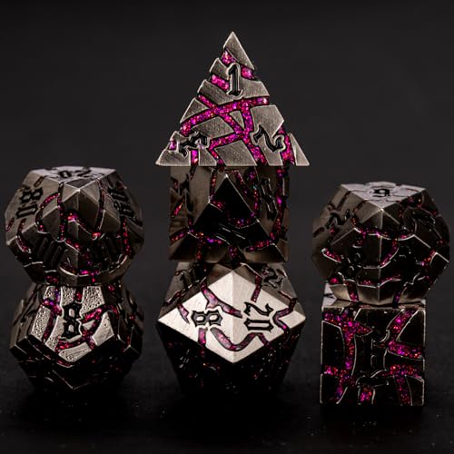 Metal DND Dice Set, 7PCS Polyhedral D&D Dice Set,Glitter Crack Dice Set for Dungeons and Dragons Role Playing Game(Antique Blue 7 Colors)