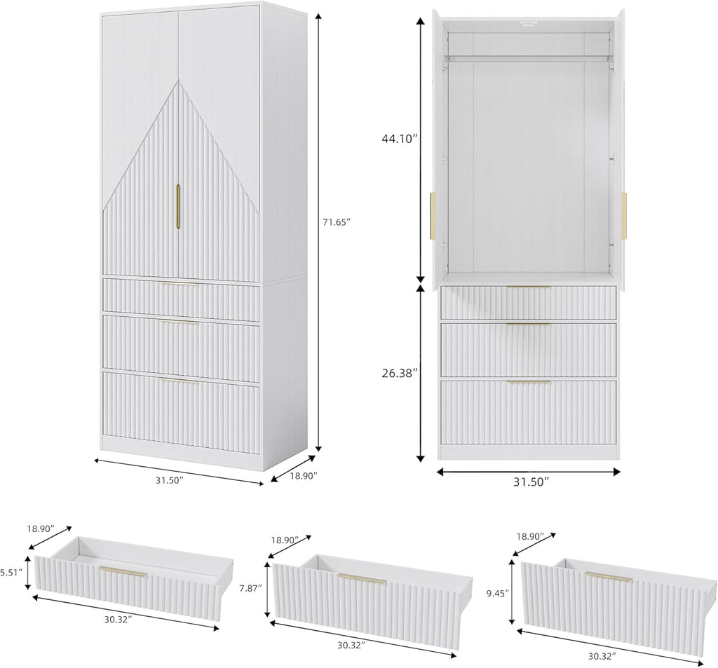 Wooden Wardrobe Armoire with 2 Doors and 3 Drawers, White N102552