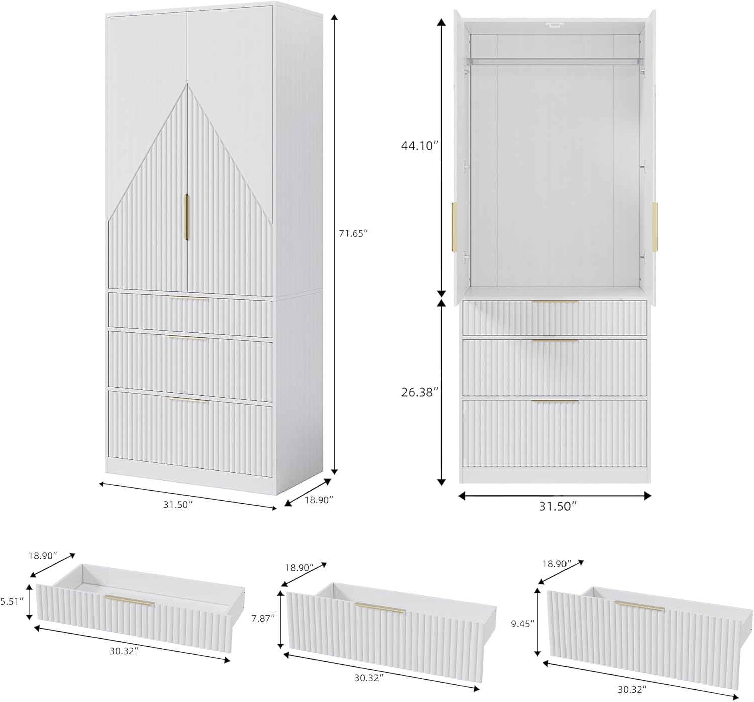 Wooden Wardrobe Armoire with 2 Doors and 3 Drawers, White N102552