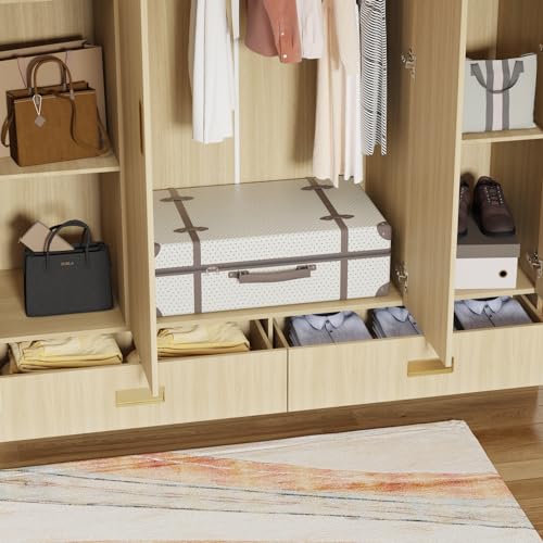 Modern Armoire Wardrobe Closet with 8 Doors and 2 Drawers, Light Brown Wood Grain E2835