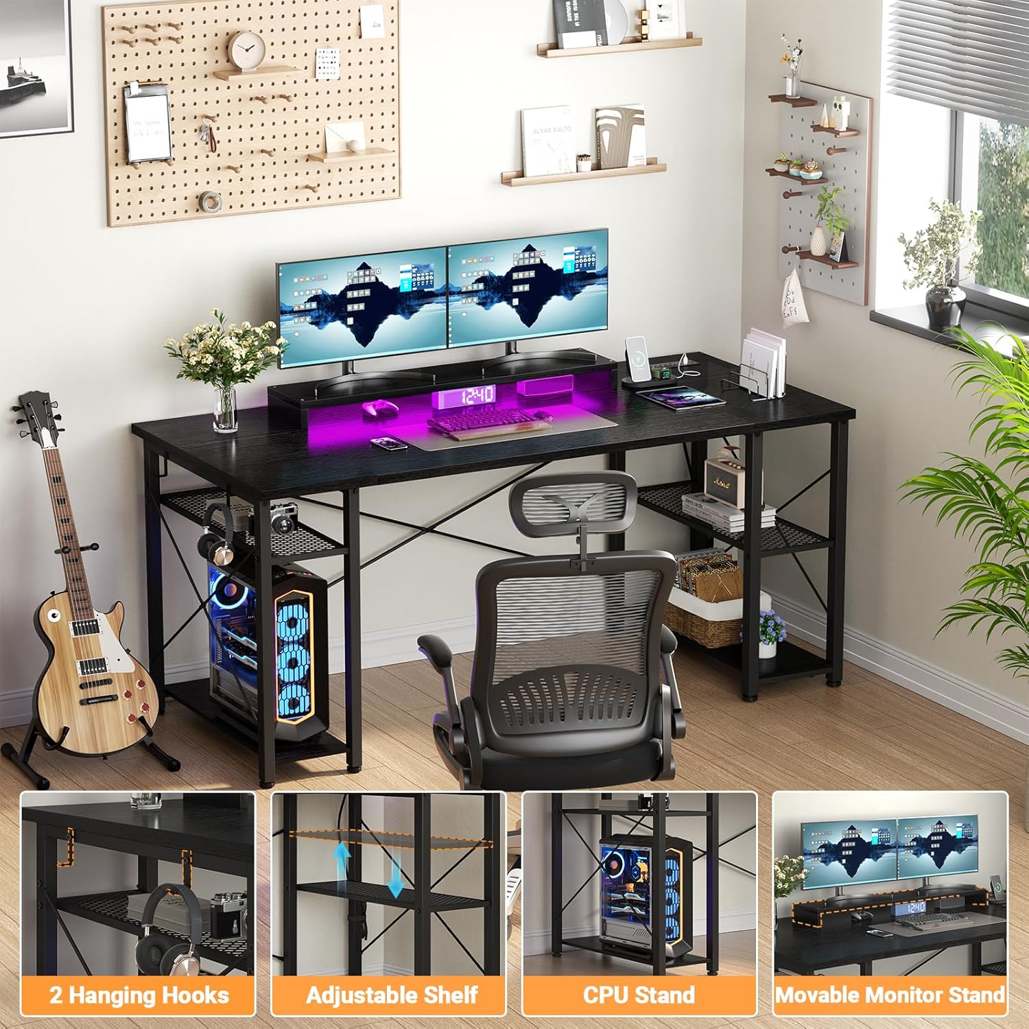 Gaming Desk with LED Lights and Power Outlet H920899