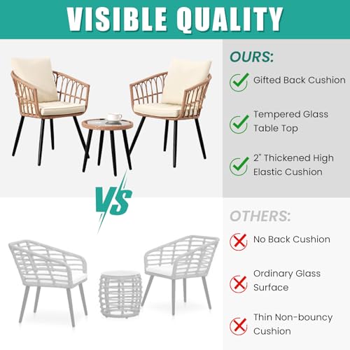 Patio Bistro Set, Outdoor Wicker Table and 2 Chairs with Cushions Y870346