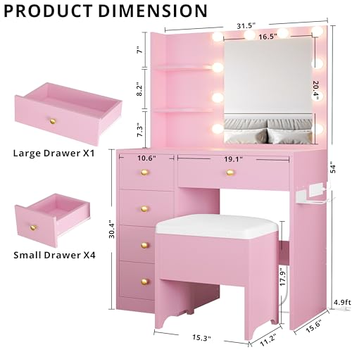 Vanity Desk with Mirror and Lights, 5 Drawers, Power Outlet, Stool C1758