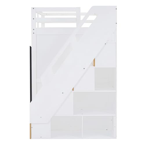 Twin Size Loft Bed with Two-Tone Stairs Storage and Full-Length Guardrails C8237
