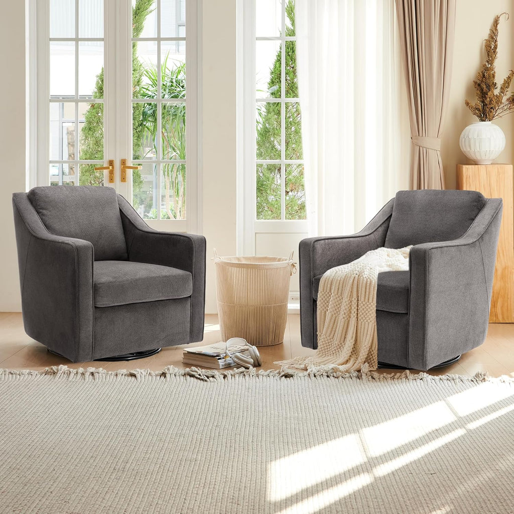 COLAMY 360° Swivel Accent Chair Set of 2, Upholstered Fabric Leisure Armchair with Lumbar Pillow for Living Room Bedroom Home Office, Grey