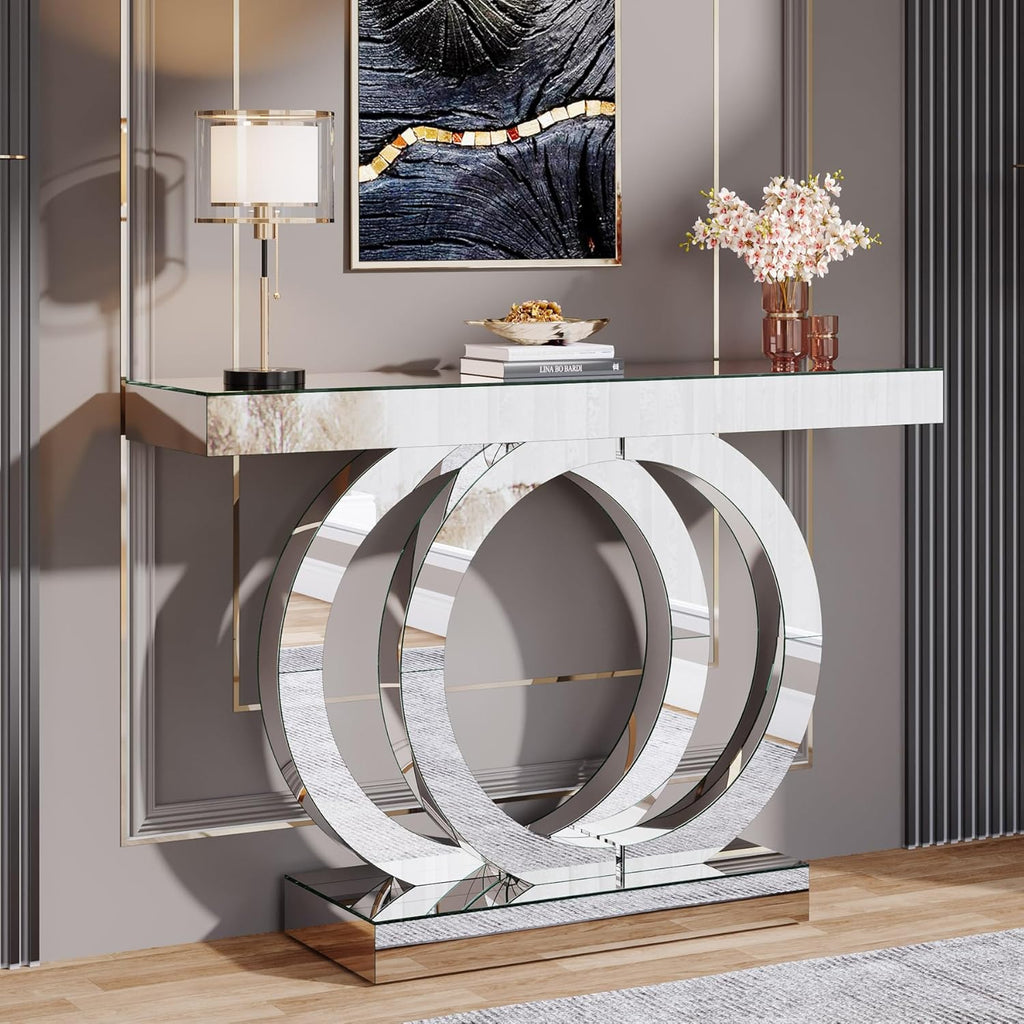 Tribesigns 43.3-Inch Mirrored Console Table, Modern Entryway Table with Thickened Mirror Finish Tabletop, Rectangle Glass Sofa Table Foyer Table for Living Room, Entrance, Hallway