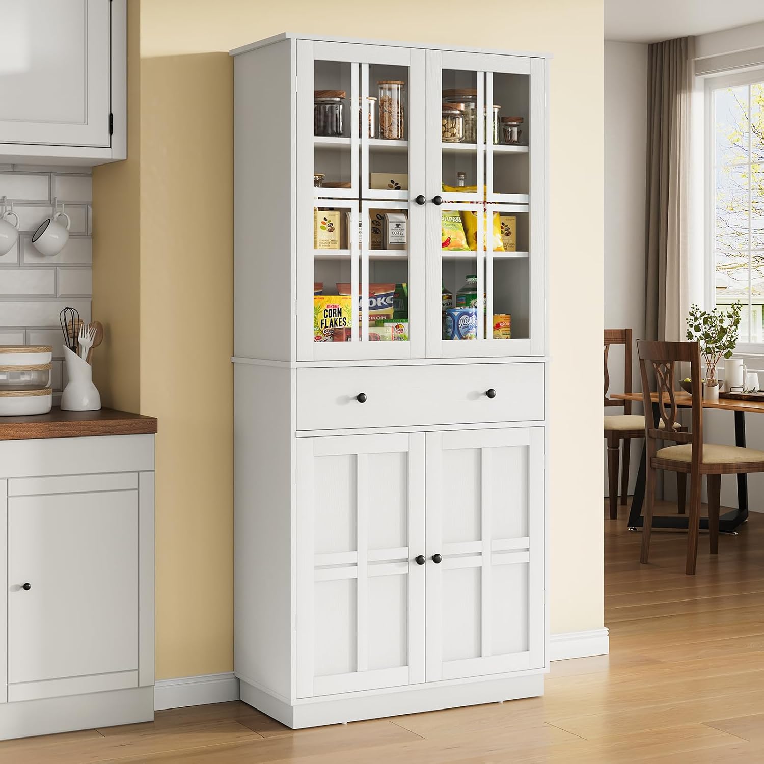 Kitchen Pantry Storage Cabinet, Tall Pantry Cabinet with Glass Doors and Large Drawer, Freestanding Pantry Cupboard with 3 Adjustable Shelves for Kitchen, Dining Room, Living Room, White