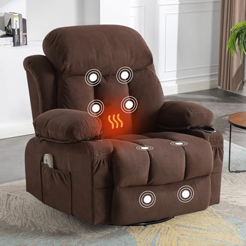 Massage Recliner Chair, Swivel and Rocking Recliner with Heat and Vibration, Breathable Fabric Ergonomic Single Sofa Chair for Living Room with Cup Holders, Side Pockets and USB