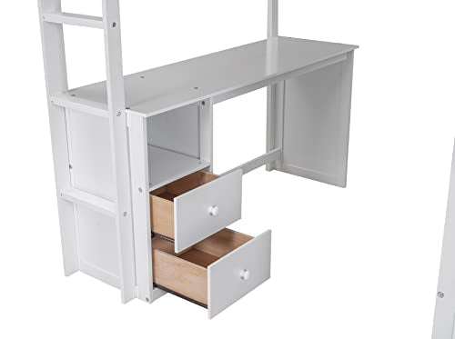 Loft Bed with Storage Wardrobe, Desk and Drawers, White M46168