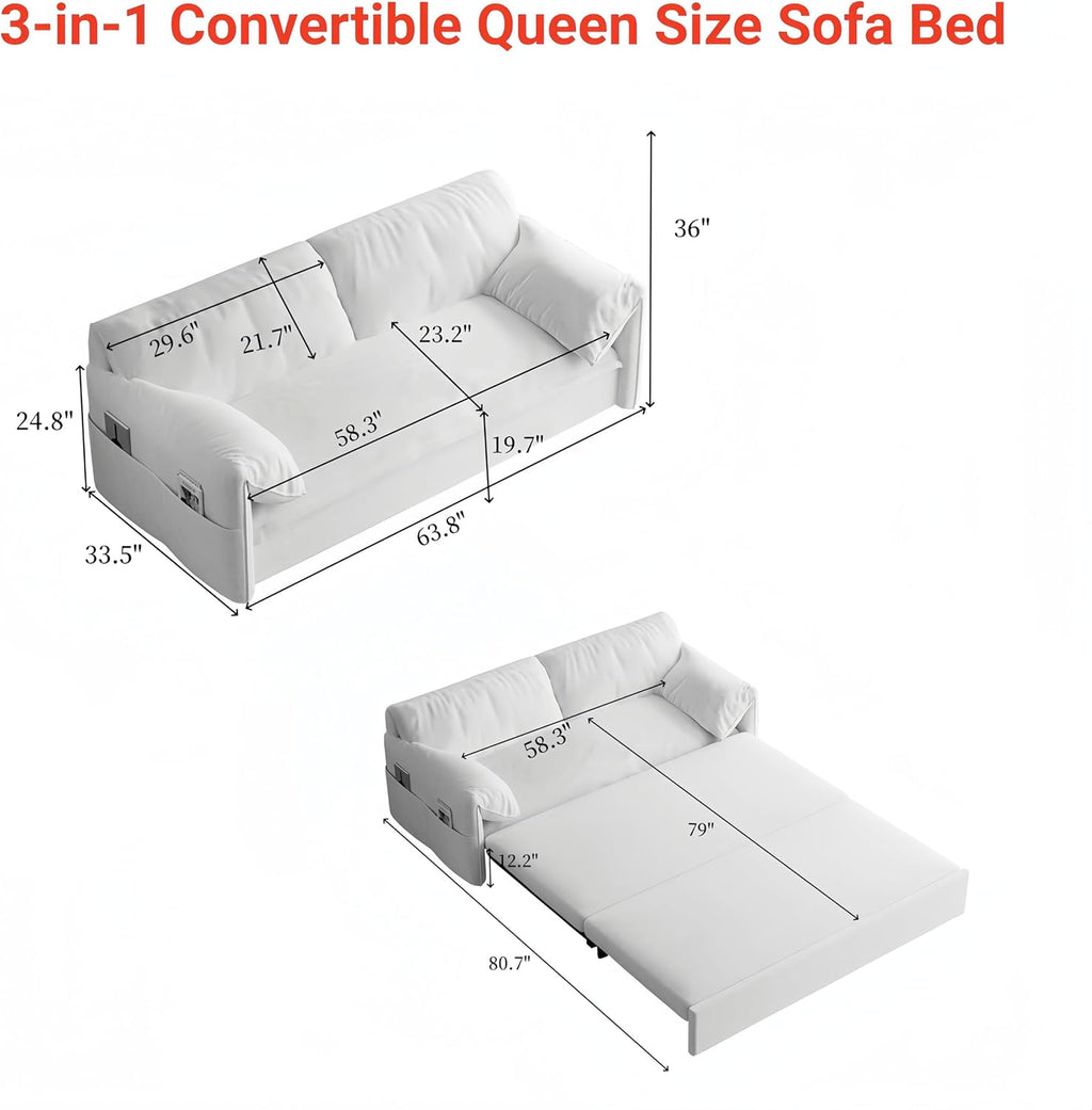 Queen Pull Out Sofa Bed 3-in-1 Convertible Sleeper with 2 Pillows, Velvet Loveseat, Grey J633351