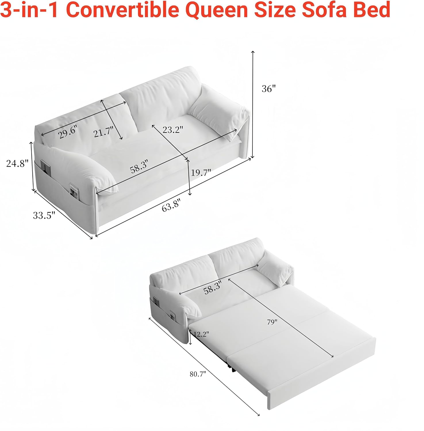 Queen Pull Out Sofa Bed 3-in-1 Convertible Sleeper with 2 Pillows, Velvet Loveseat, Grey J633351