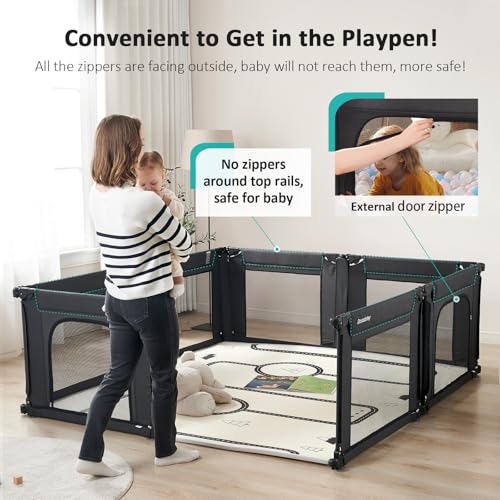 Baby Playpen, Shape & Size Adjustable, Foldable with Breathable Mesh, Black T790