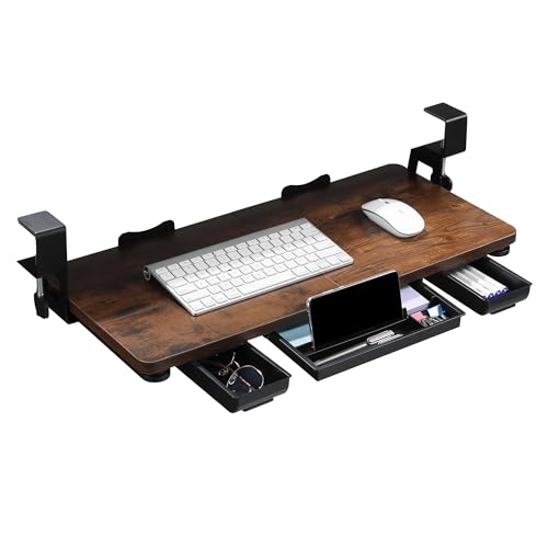 Keyboard Tray under desk with Drawer,26.77" X 11.81" Keyboard Tray with C Clamp-on Mount, Easy to Install, Height Adjustable for Home Office (Mahogany)