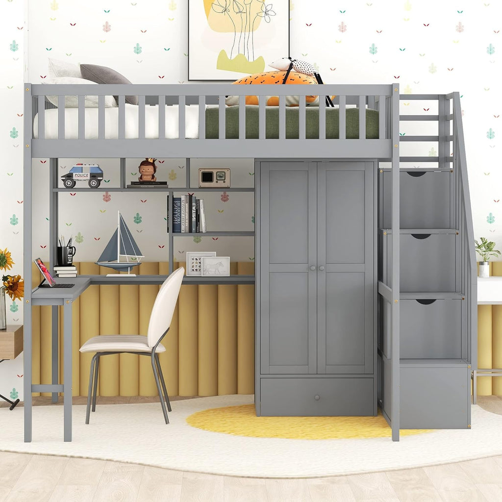 Harper & Bright Designs Full Size Loft Bed with Stairs, Desk, Bookshelf, Storage Drawers and Wardrobe, Solid Wood Loft Bed Frame for Kids Teens Adults (Gray)