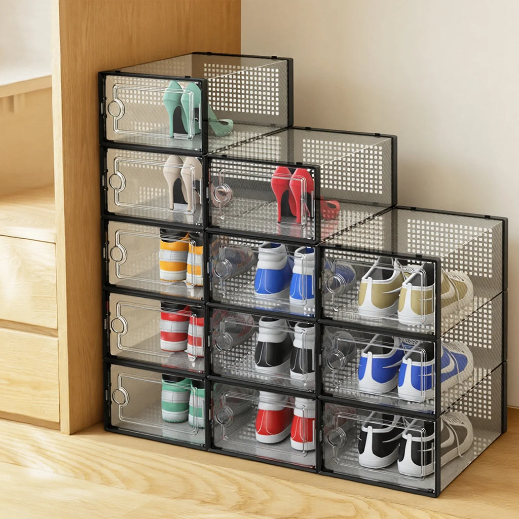 Stackable Plastic Shoe Storage Box, 12 Pack, Black F98416