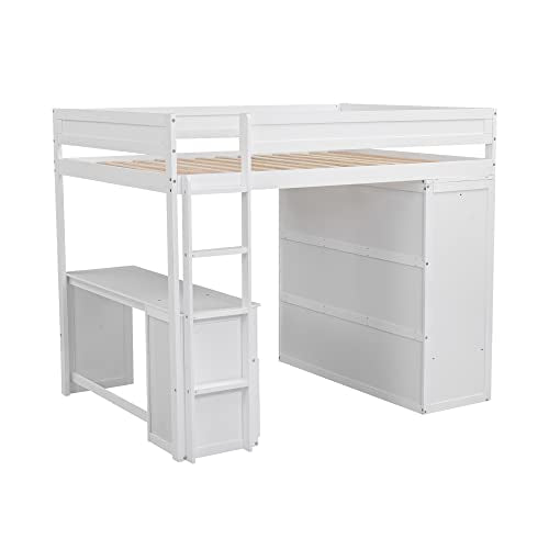 Loft Bed with Storage Wardrobe, Desk and Drawers, White M46168