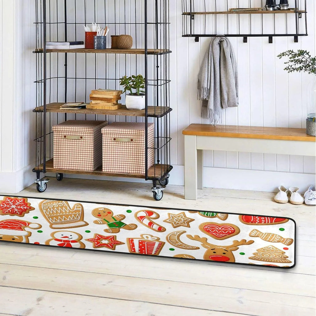 Gingerbread Cookie Christmas Runner Rug with Rubber Backing, Non Slip Washable Hallway Carpet C9917