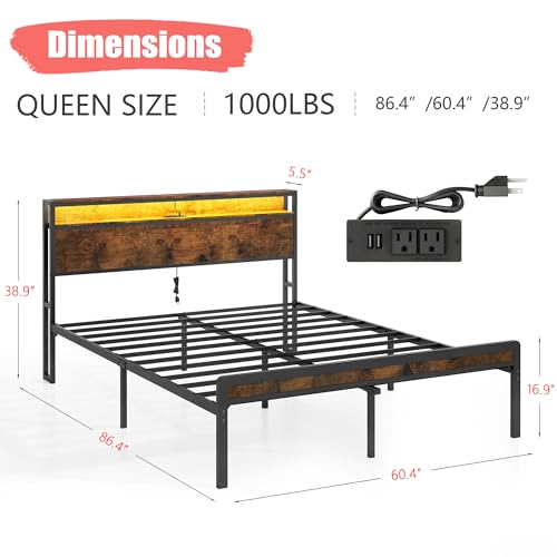Vintage Brown Bed Frame with LED Light and Charging Station G33947