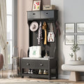 60" Hall Tree with Bench and Shoe Storage, 3-in-1 Entryway Ottoman with Coat Rack and Adjustable Shelf for Mudroom,Hallway, Easy Assembly,Black, 60 Inch W
