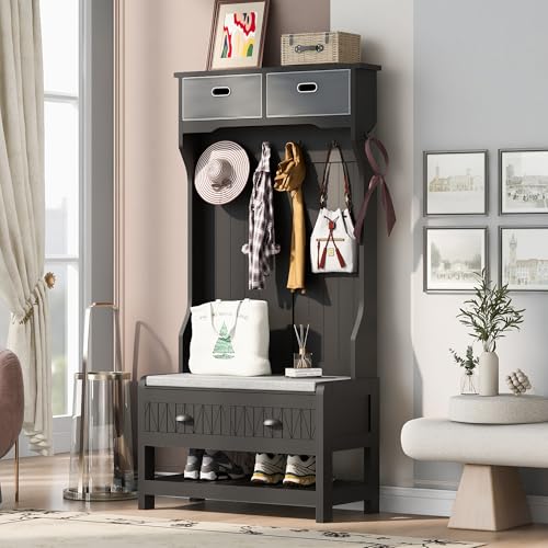 60" Hall Tree with Bench and Shoe Storage, 3-in-1 Entryway Ottoman with Coat Rack and Adjustable Shelf for Mudroom,Hallway, Easy Assembly,Black, 60 Inch W