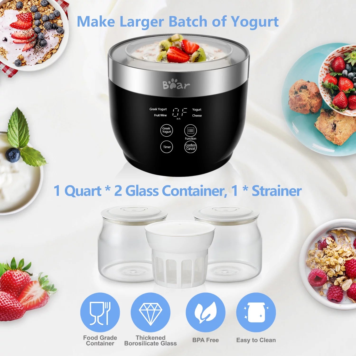 Greek Stainless Steel Yogurt Maker with 2 Glass Jars P274