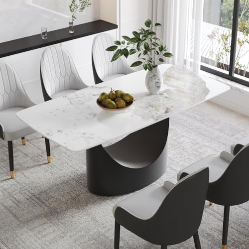 Modern Rectangle Marble Dining Table,63" White Marble Sintered Stone Top Dining Table,Rectangle Dining Room Table with Unique U-Shape Black Carbon Steel Pedestal for Kitchen/Living Room(Table Only)