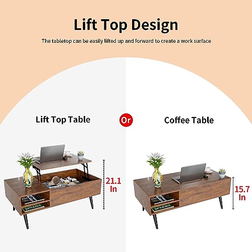 Lift Top Coffee Table with Hidden Storage, Rectangle Wooden, for Living Room T8560
