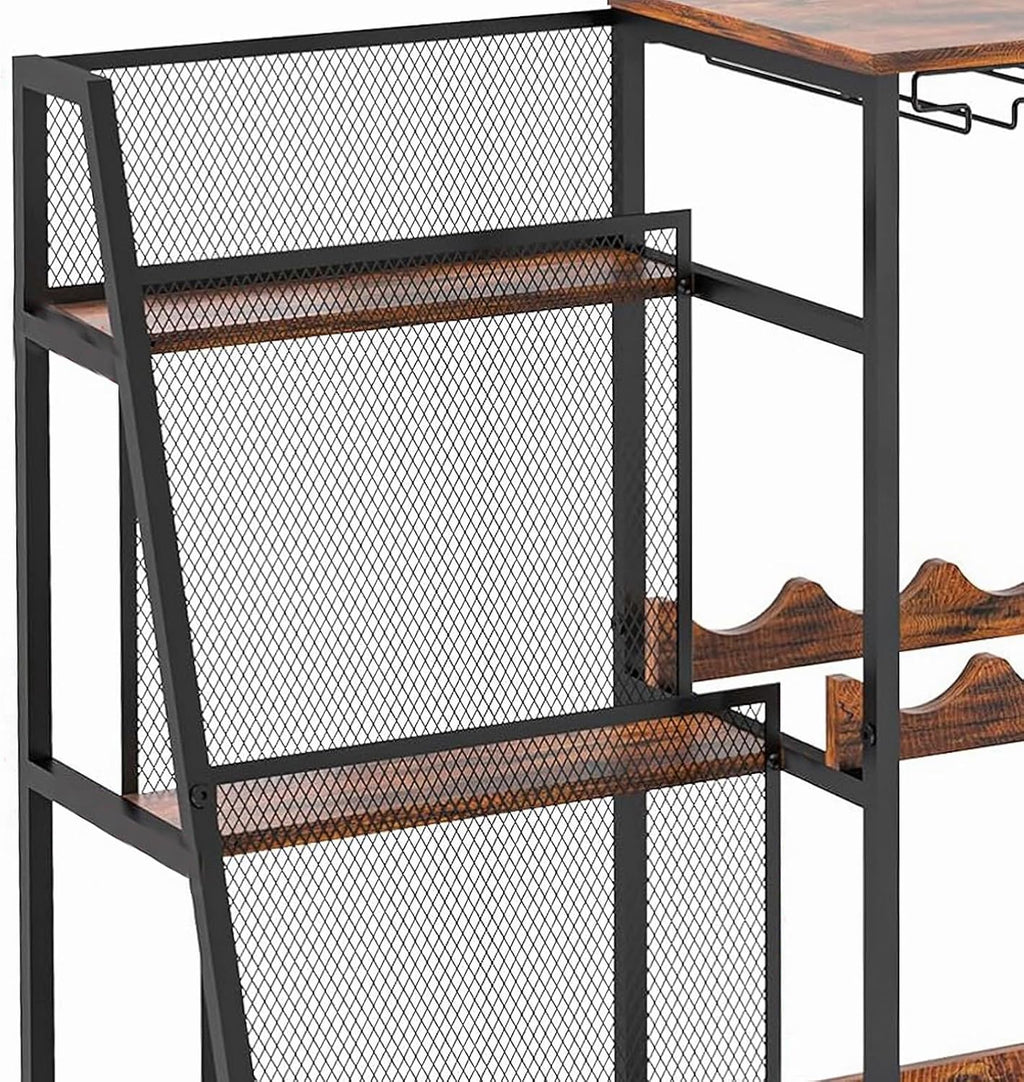 Free Standing Floor Liquor Cabinet with Glass Bottle Holder, 3-Tier Display Shelf, Rustic Brown E213