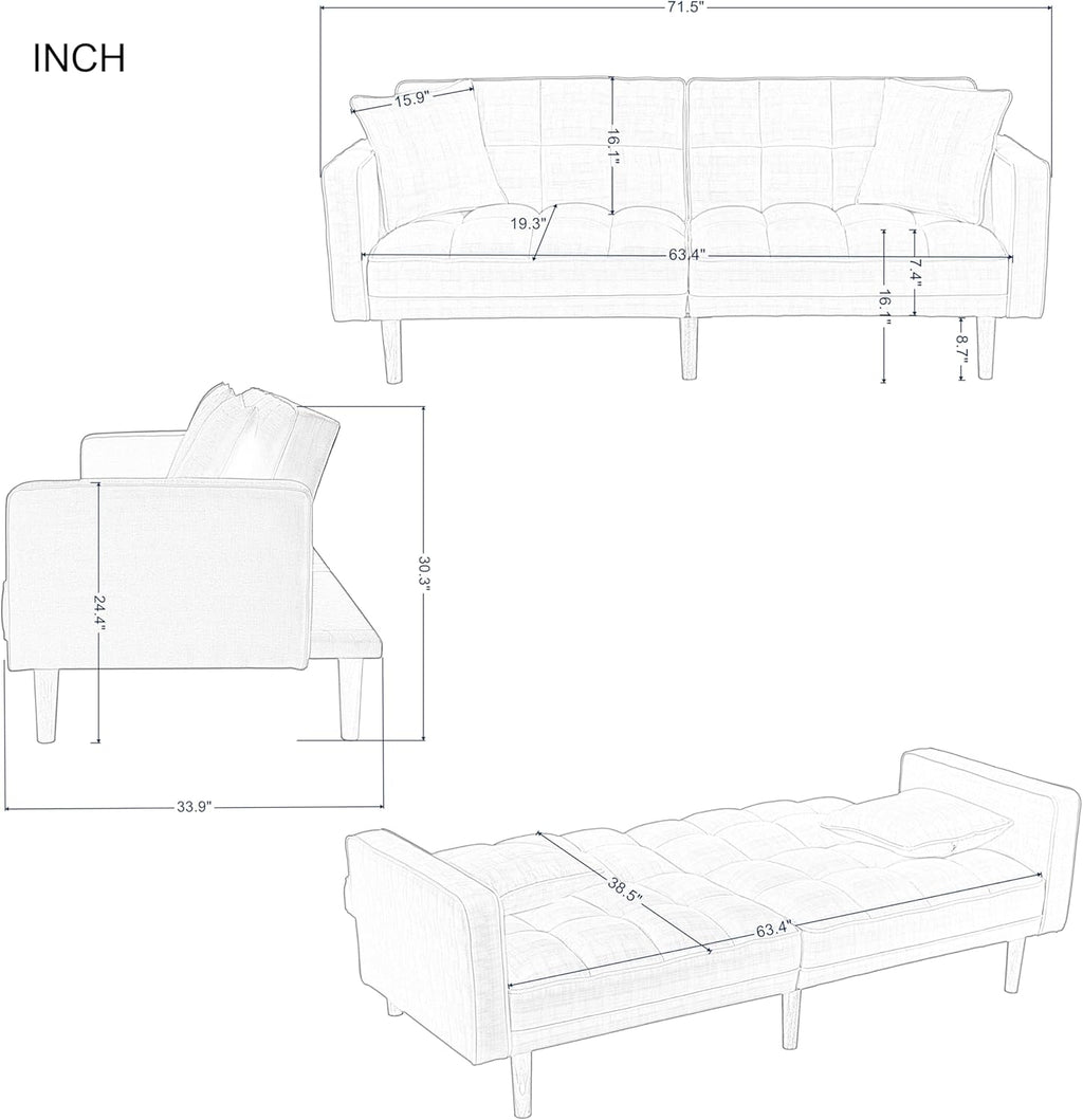 Tufted Futon Sofa Bed with Wooden Legs and 2 Pillows, Navy Blue N268