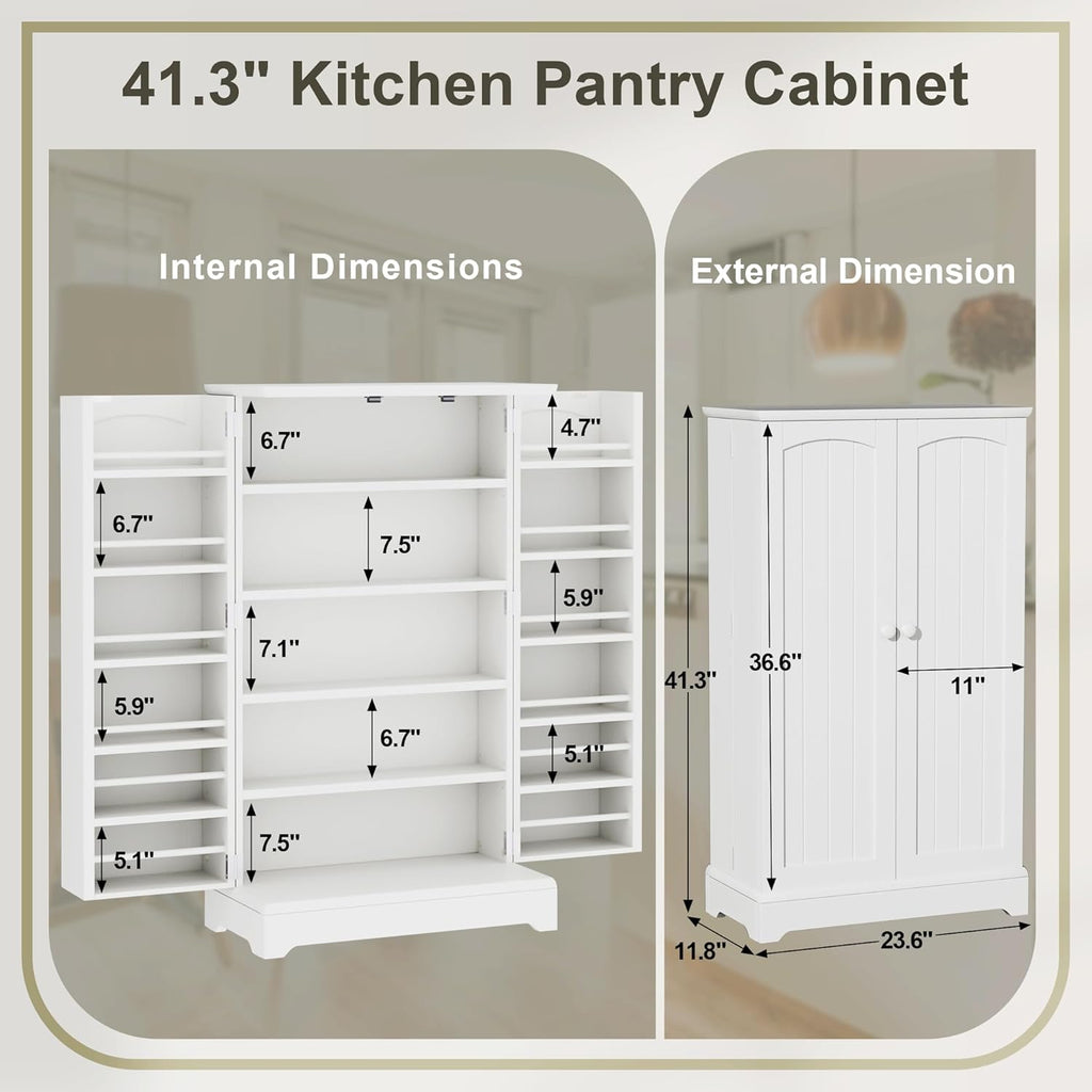 Kitchen Pantry Storage Cabinet with Doors and Adjustable Shelves, White I4469