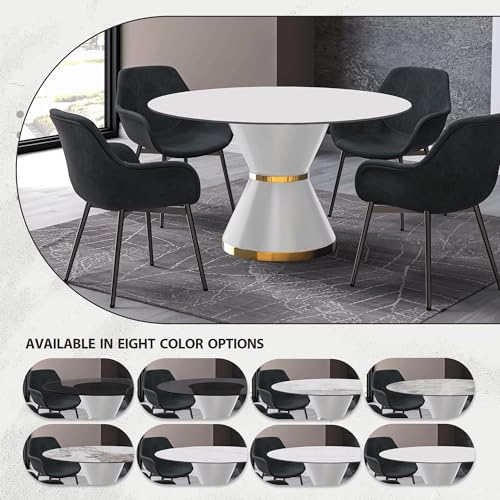 Modern Dining Table with Round Glass or Sintered Stone Top, White Steel, Seats 6-10, 60" Wide, Black G857478
