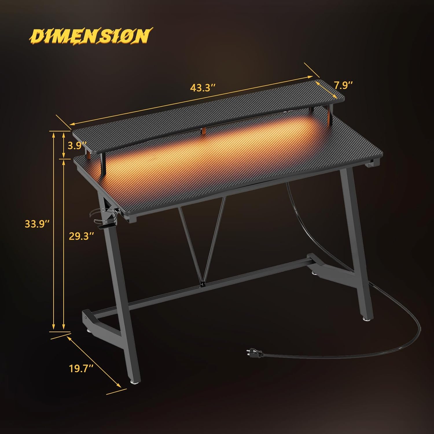 Gaming Desk with Power Outlets & Music Strip Lights, Computer Desk with Monitor Stand N505419