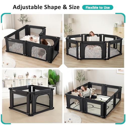 Baby Playpen, Shape & Size Adjustable, Foldable with Breathable Mesh, Black T790