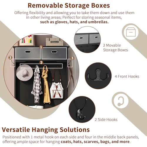Hall Tree with Bench and Shoe Storage, 3-in-1 Entryway Ottoman with Coat Rack, Black V8425