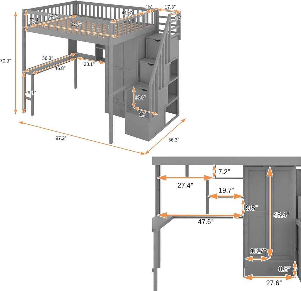 Full Size Loft Bed with Stairs, Desk, Bookshelf, Storage Drawers and Wardrobe, Solid Wood Frame Y463750