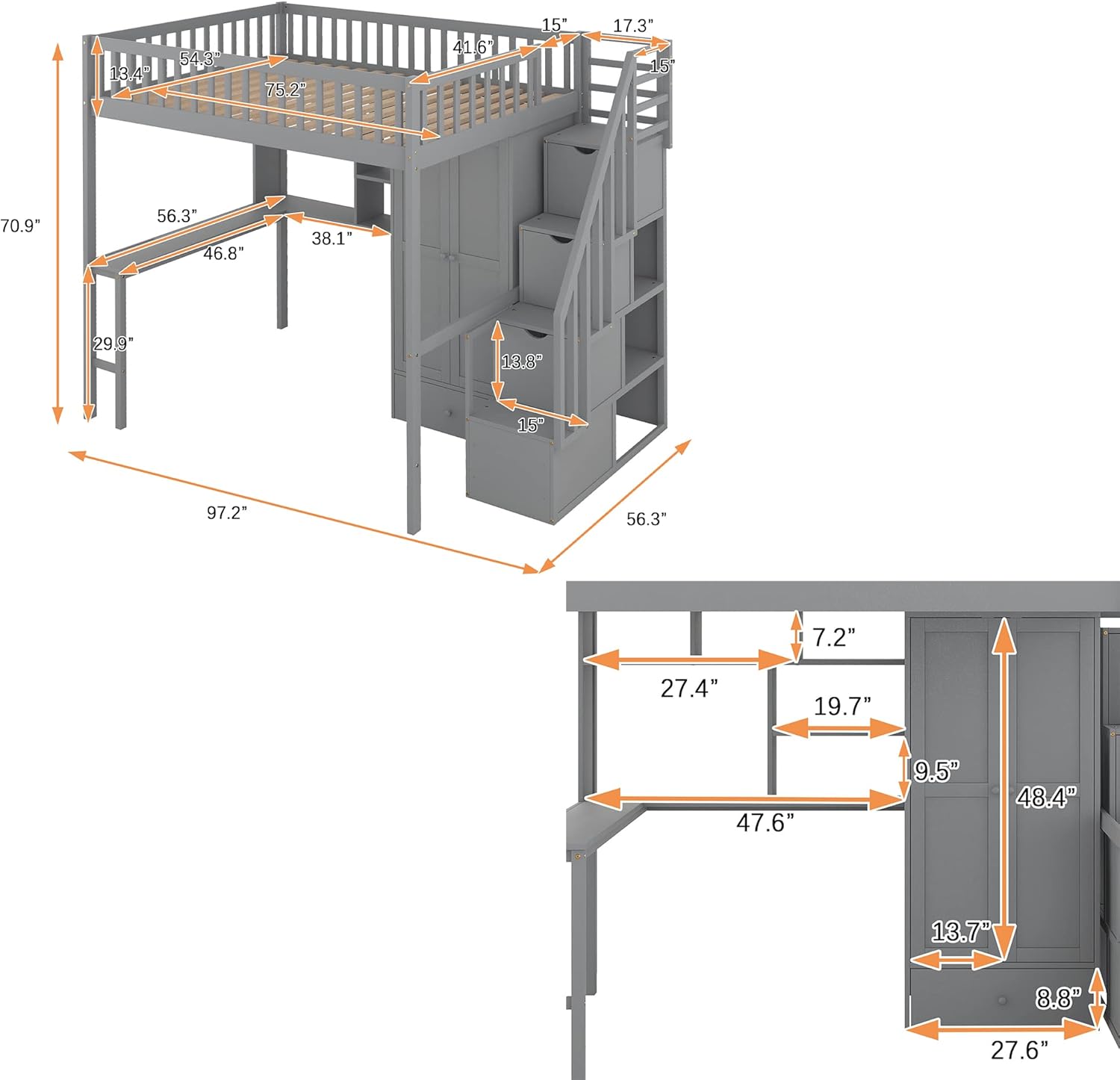 Full Size Loft Bed with Stairs, Desk, Bookshelf, Storage Drawers and Wardrobe, Solid Wood Frame Y463750