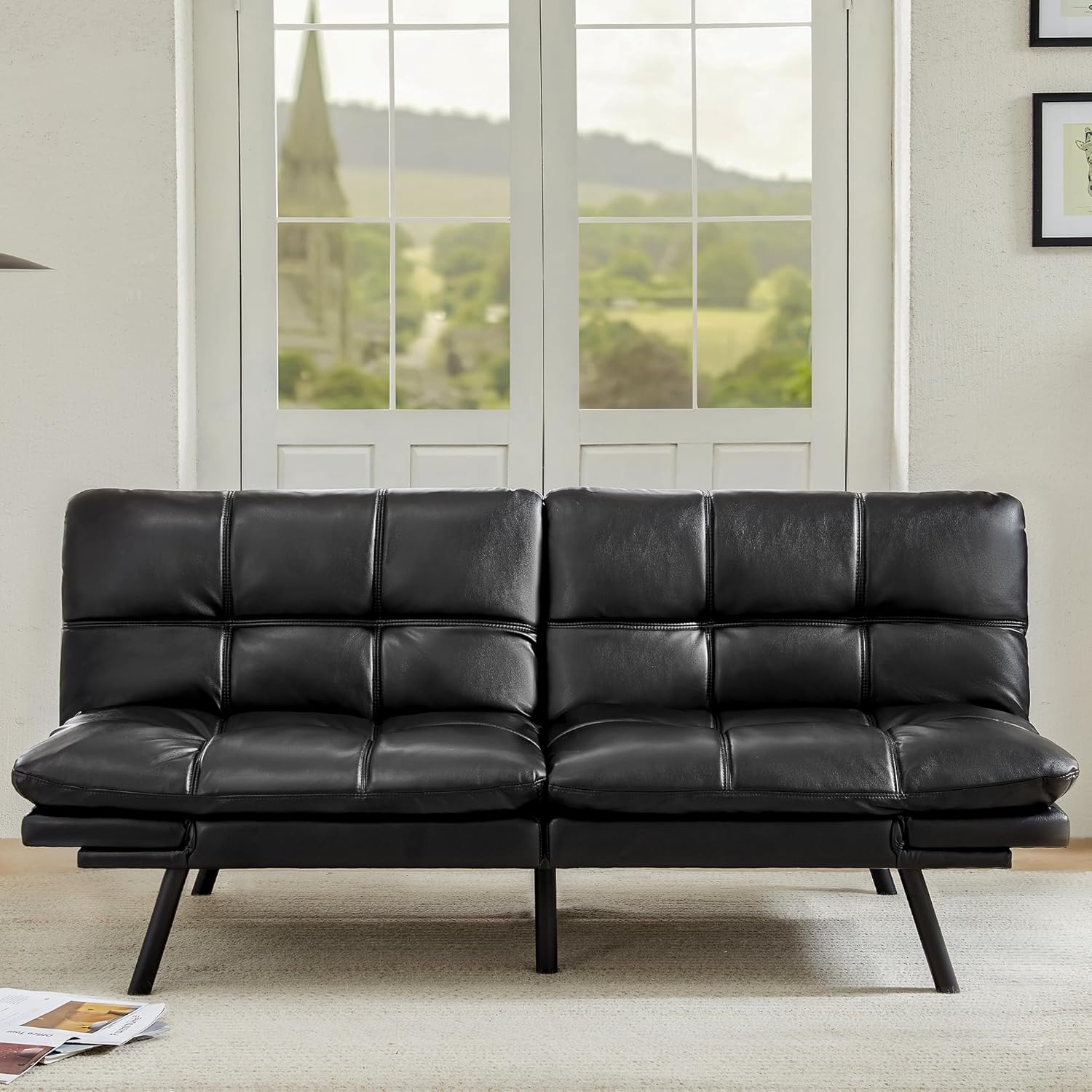 Leather Futon Sofa Bed for Living Room, Black E579
