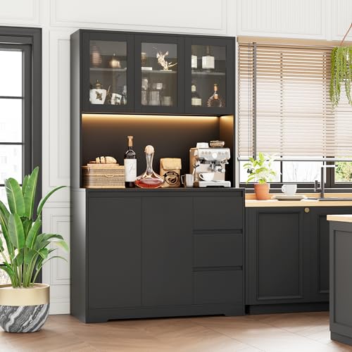 71" Kitchen Pantry Cabinet with LED Lights and Charging Station, Modern Storage and Microwave Stand Q636690