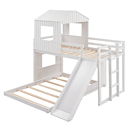 Twin Over Full Bunk Beds with Slide, Roof and Guard Rail, Wooden, White N48341