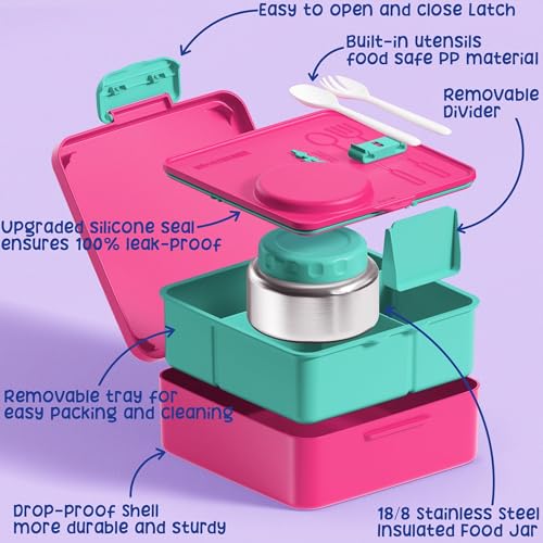 Bento Box for Kids Adults - Leakproof 3 Compartments Lunch Set with Thermos, Water Bottle, Lunch Bag & Cutlery C614861
