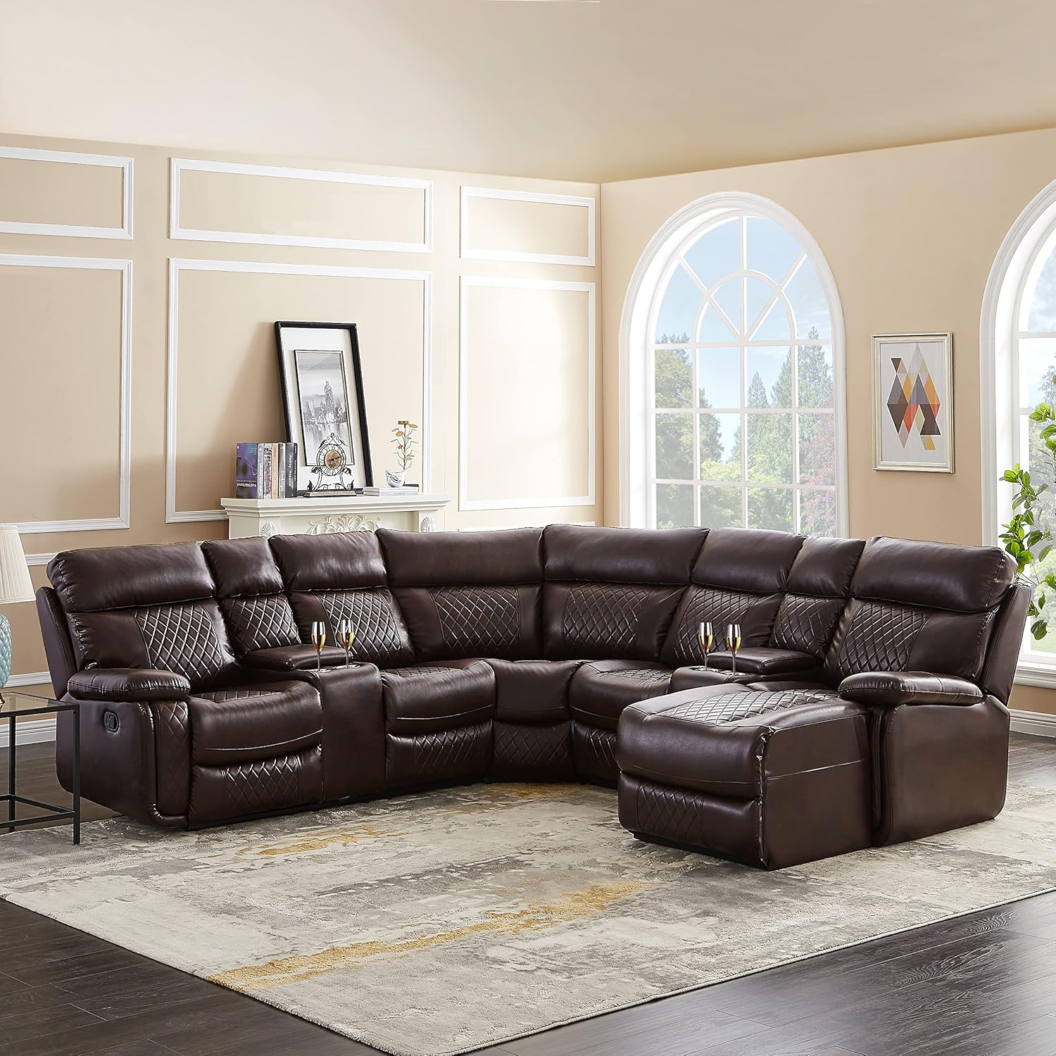Living Room Manual Motion Upholstered Sectional, L Shape PU Leather Corner Reclining 4 Cup Holders and Storage Boxs for Villa Home Apartment Furniture, Brown Havery Duty Sofa & Couch
