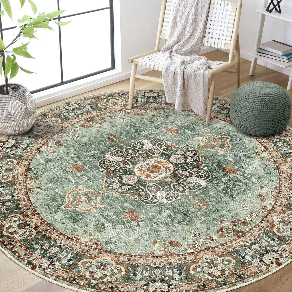 Green Round Rug 6ft,Large Circle Area Rugs for Bedroom Living Room Dining Room,Washable Boho Vintage Bohemian Distressed Oriental Floral Carpet Non Slip,Sage
