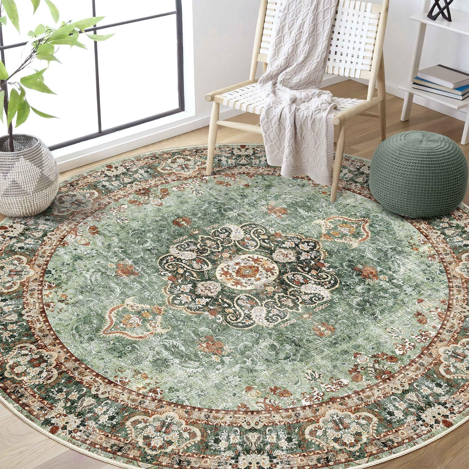 Green Round Rug 6ft,Large Circle Area Rugs for Bedroom Living Room Dining Room,Washable Boho Vintage Bohemian Distressed Oriental Floral Carpet Non Slip,Sage