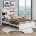 Full Size Bed Frame with Storage Headboard, Upholstered Platform Bed with USB Port & LED Lights, No Box Spring, Beige