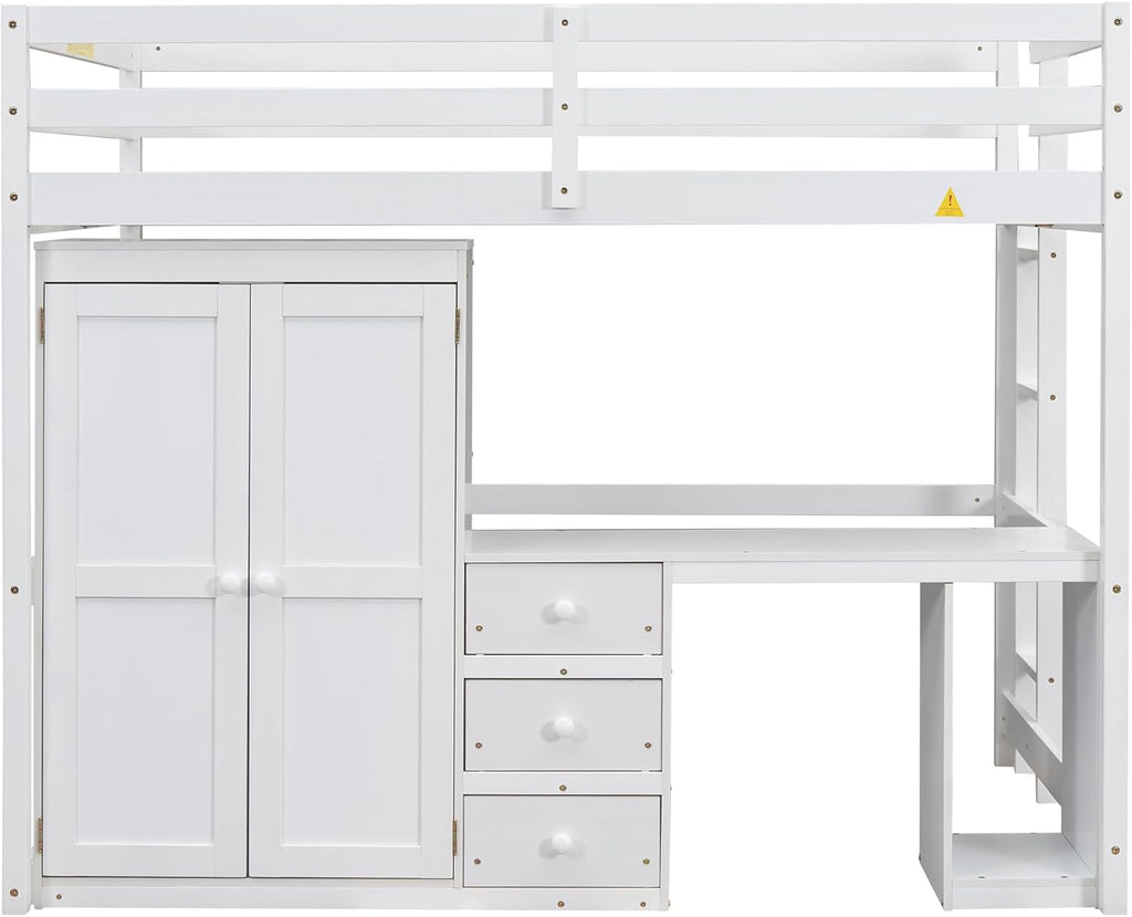 Loft Bed with Desk, Storage Drawers & Wardrobe for Kids, Solid Wood with Ladder and Safety Guardrails, White O62015