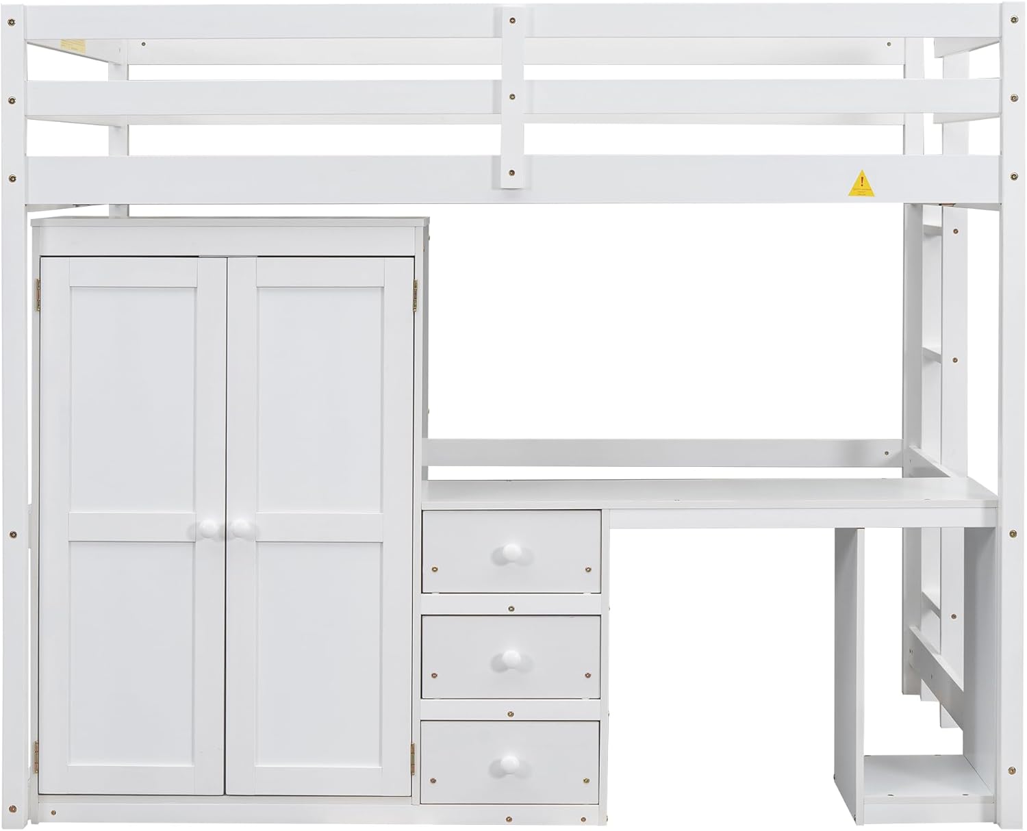 Loft Bed with Desk, Storage Drawers & Wardrobe for Kids, Solid Wood with Ladder and Safety Guardrails, White O62015