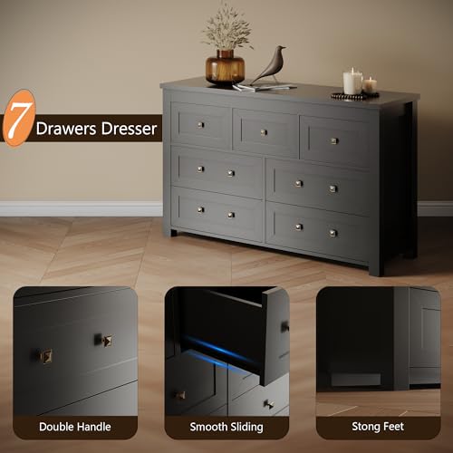 7 Drawer Dresser for Bedroom, Farmhouse Wood Chest with Metal Handle, Black E162